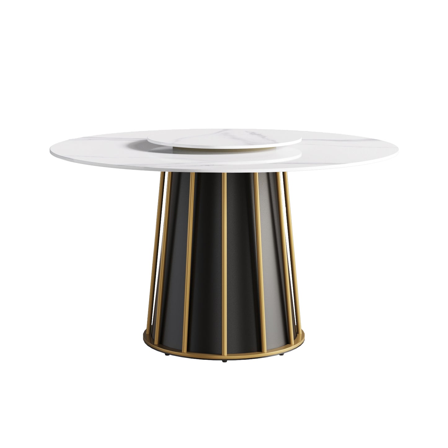 Modern white marble round dining table with a black pedestal base and gold accents