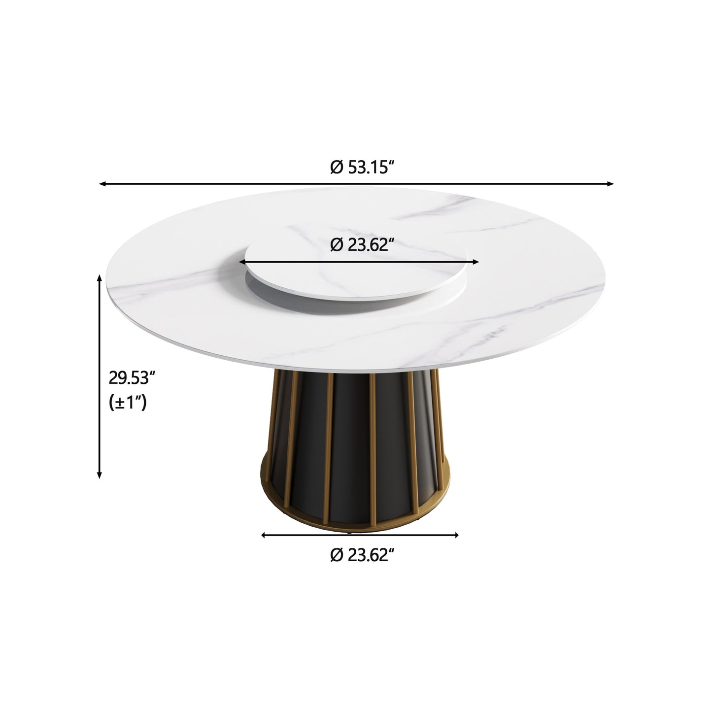 White marblelook round dining table with black and gold base