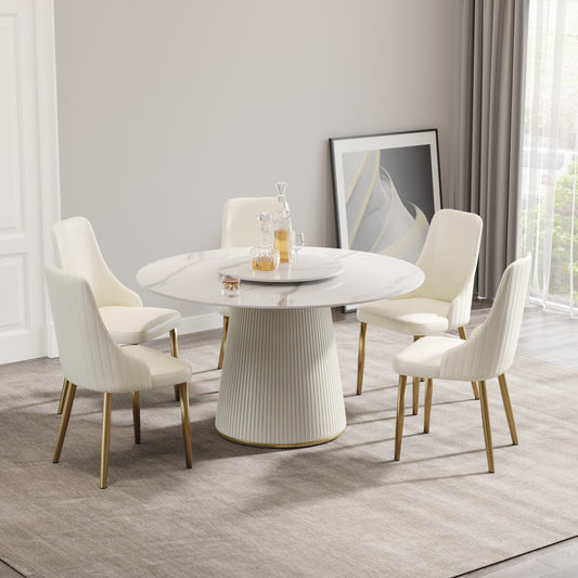 Cream upholstered dining chair with gold legs and fluted detail