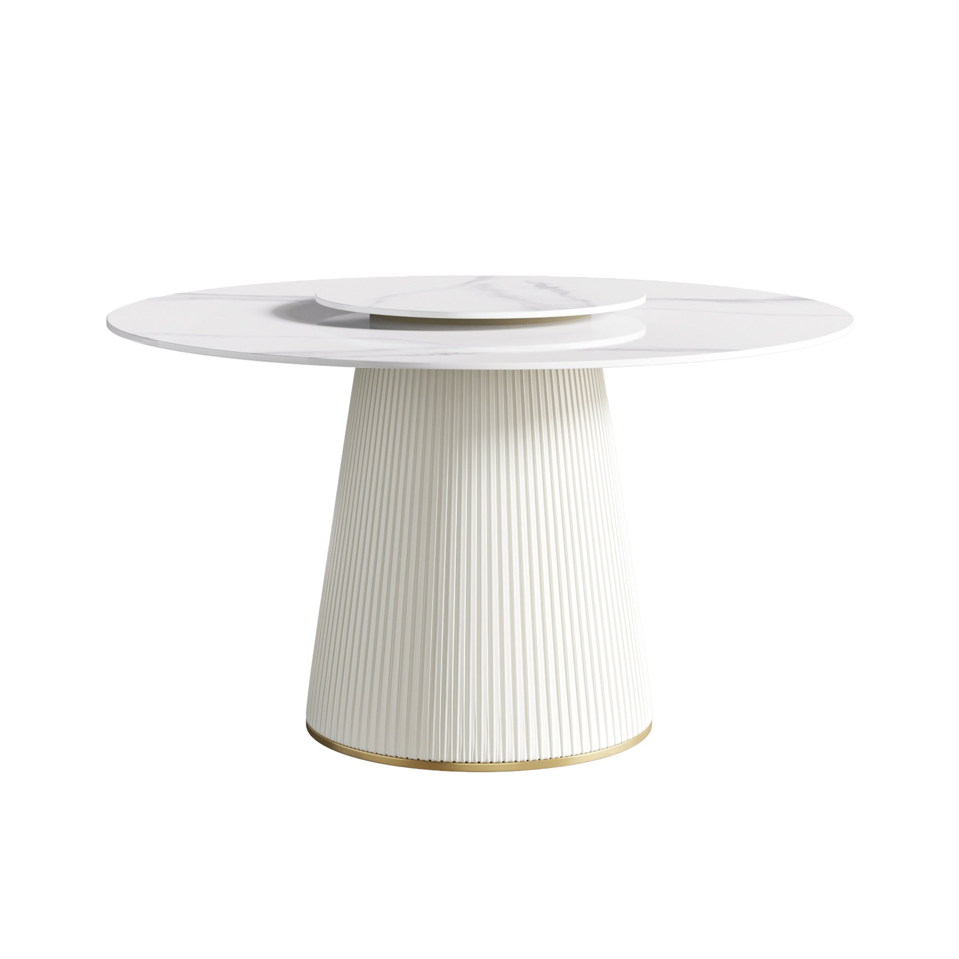 White marble top round dining table with a fluted base