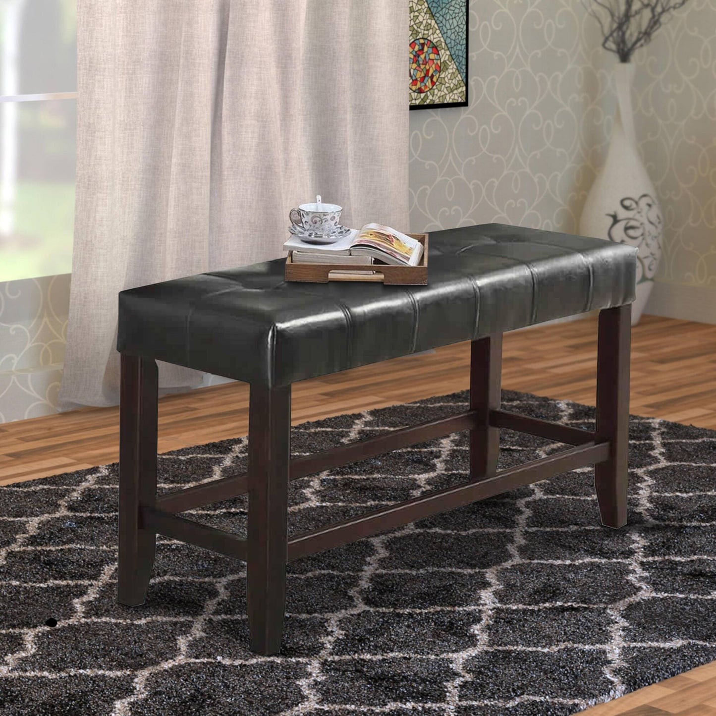 Tufted dark brown faux leather bench with wooden legs and a contemporary style