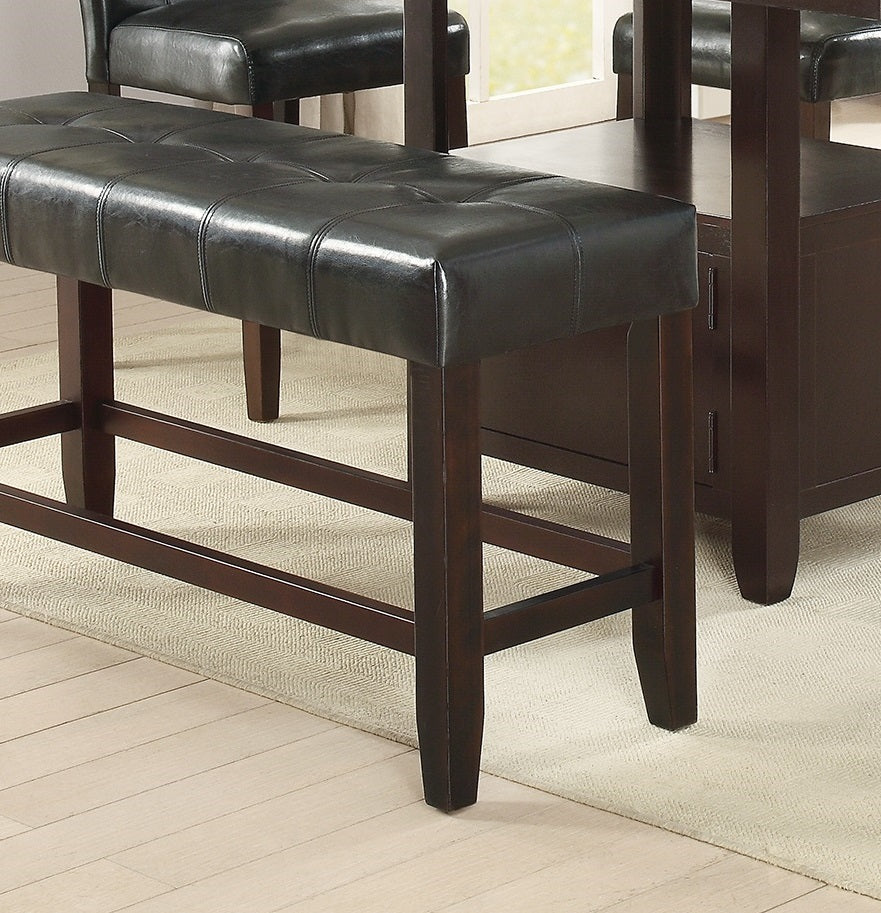 Tufted black faux leather counter stool bench with dark wood legs