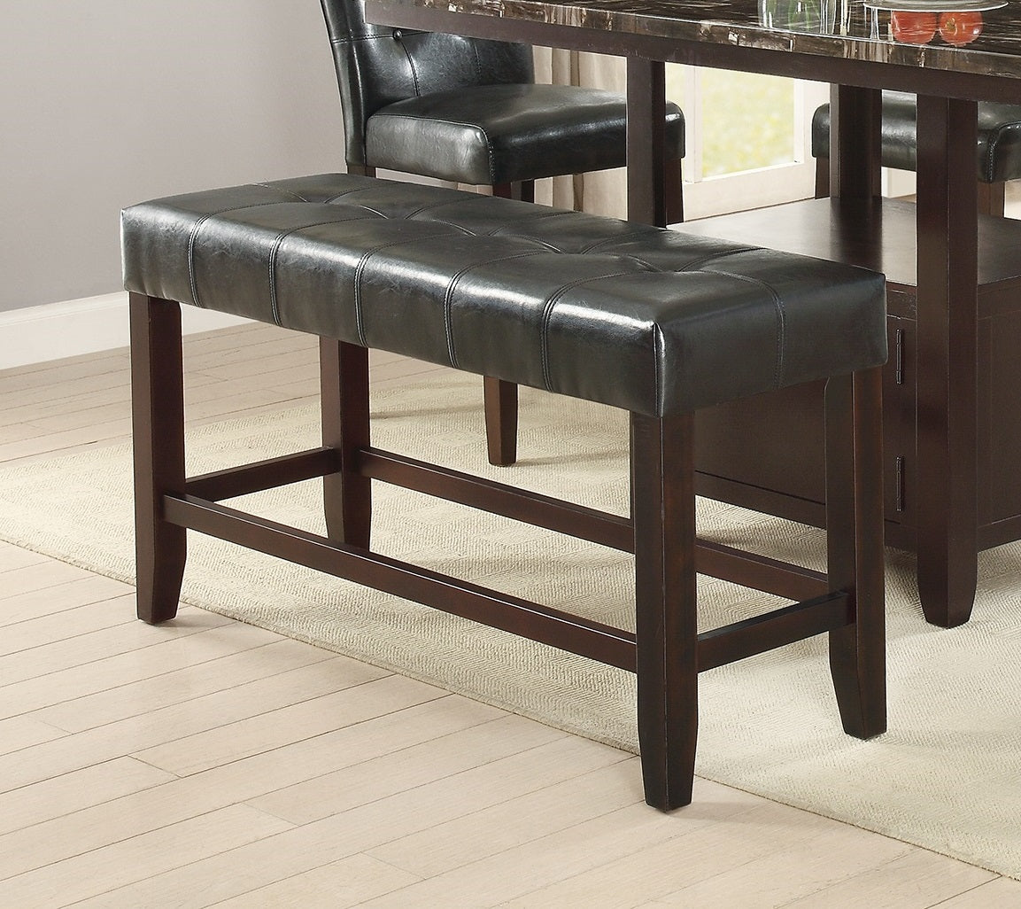Tufted faux leather bar stool bench with dark wood frame and legs