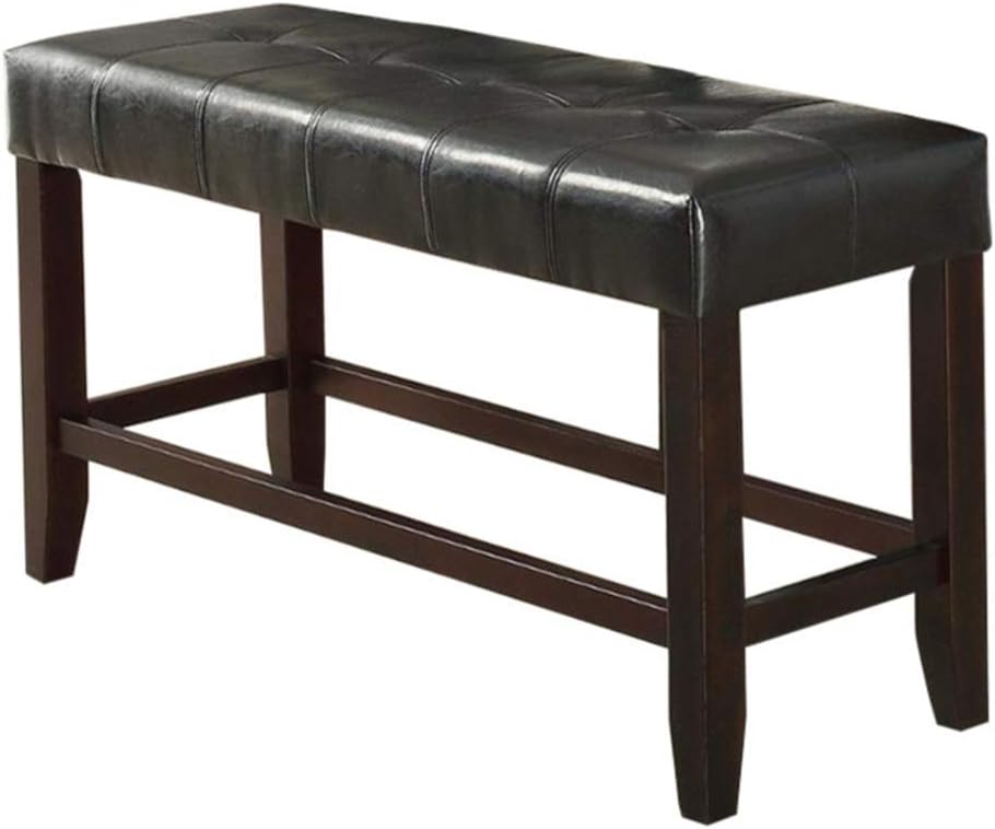 Tufted black leatherette bar bench with dark wood legs