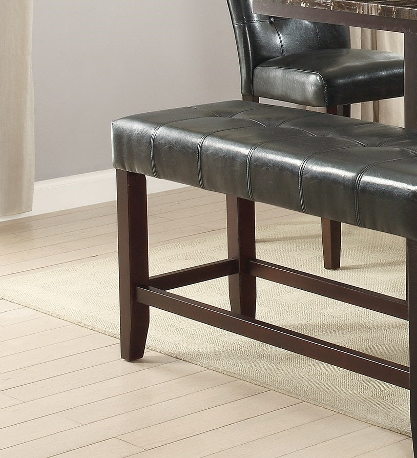 Tufted dark brown faux leather dining bench with mahogany wood frame