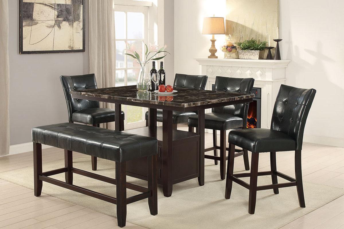 Black faux leather dining set with marble top table and bench