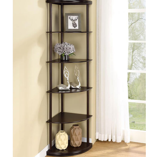 Dark brown corner shelf unit with five tiers and decorative items