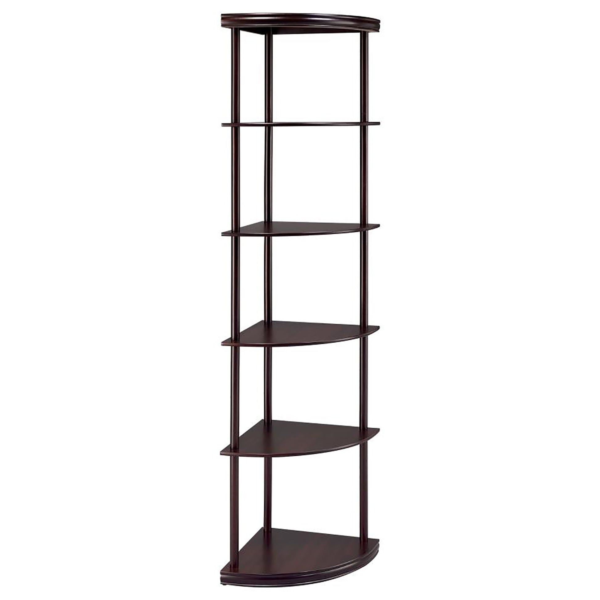 Dark brown wooden corner shelf unit with five tiers