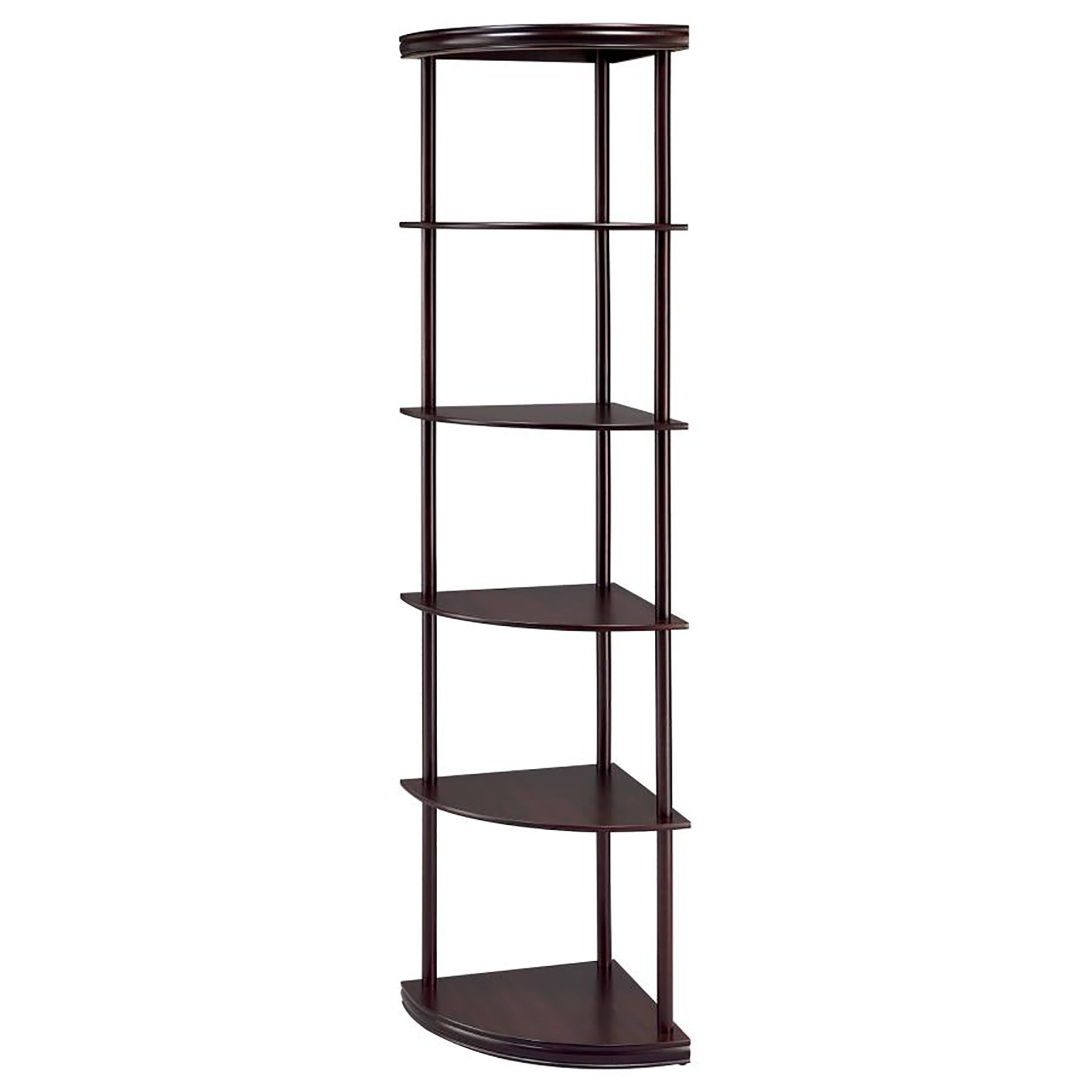 Dark wood corner shelf unit with five curved shelves
