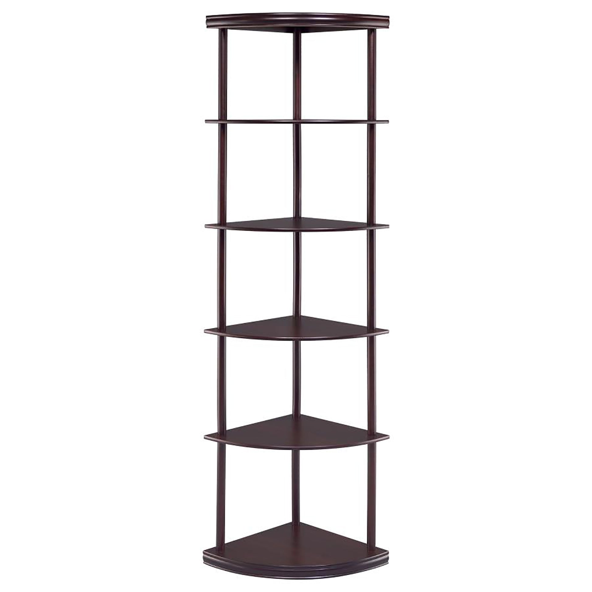 Tall brown wood corner shelf unit with five triangular shelves