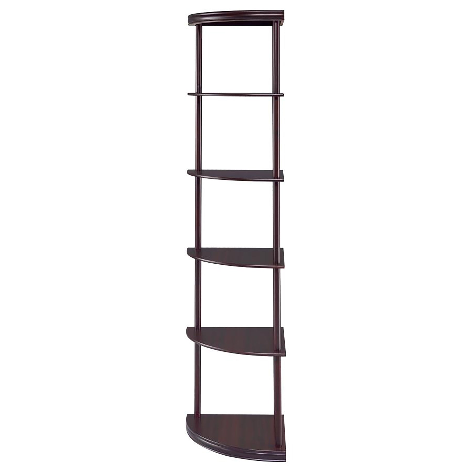 Dark cherry wood corner shelf unit with five curved shelves