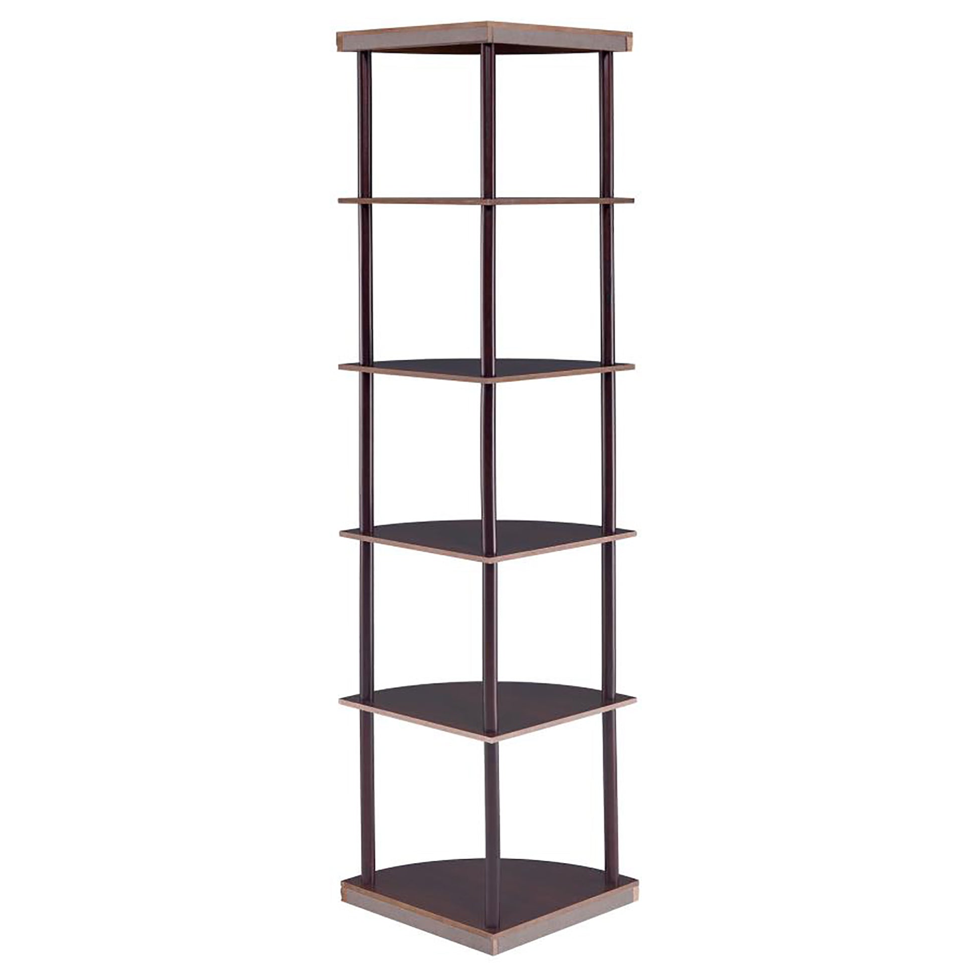 Dark wood tier corner shelf unit for home organization
