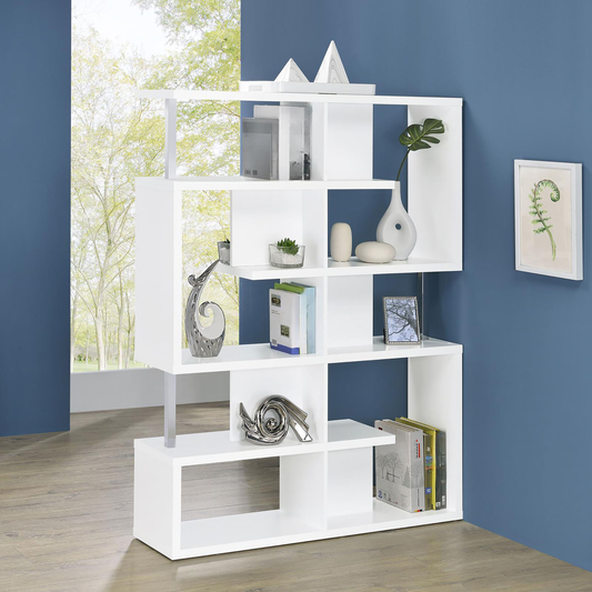 Modern white shelving unit with open compartments