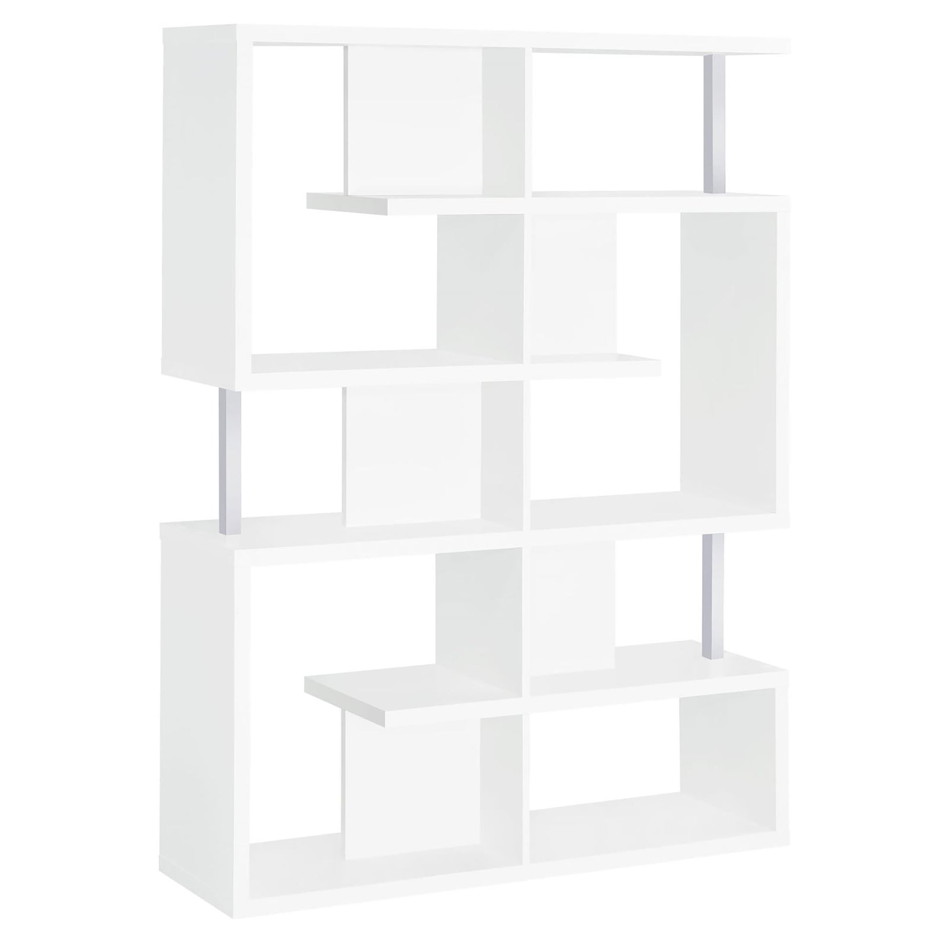Modern white geometric bookshelf with staggered shelves