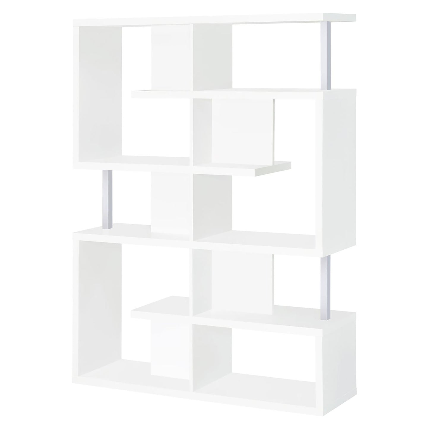 Modern white bookshelf with asymmetric shelves