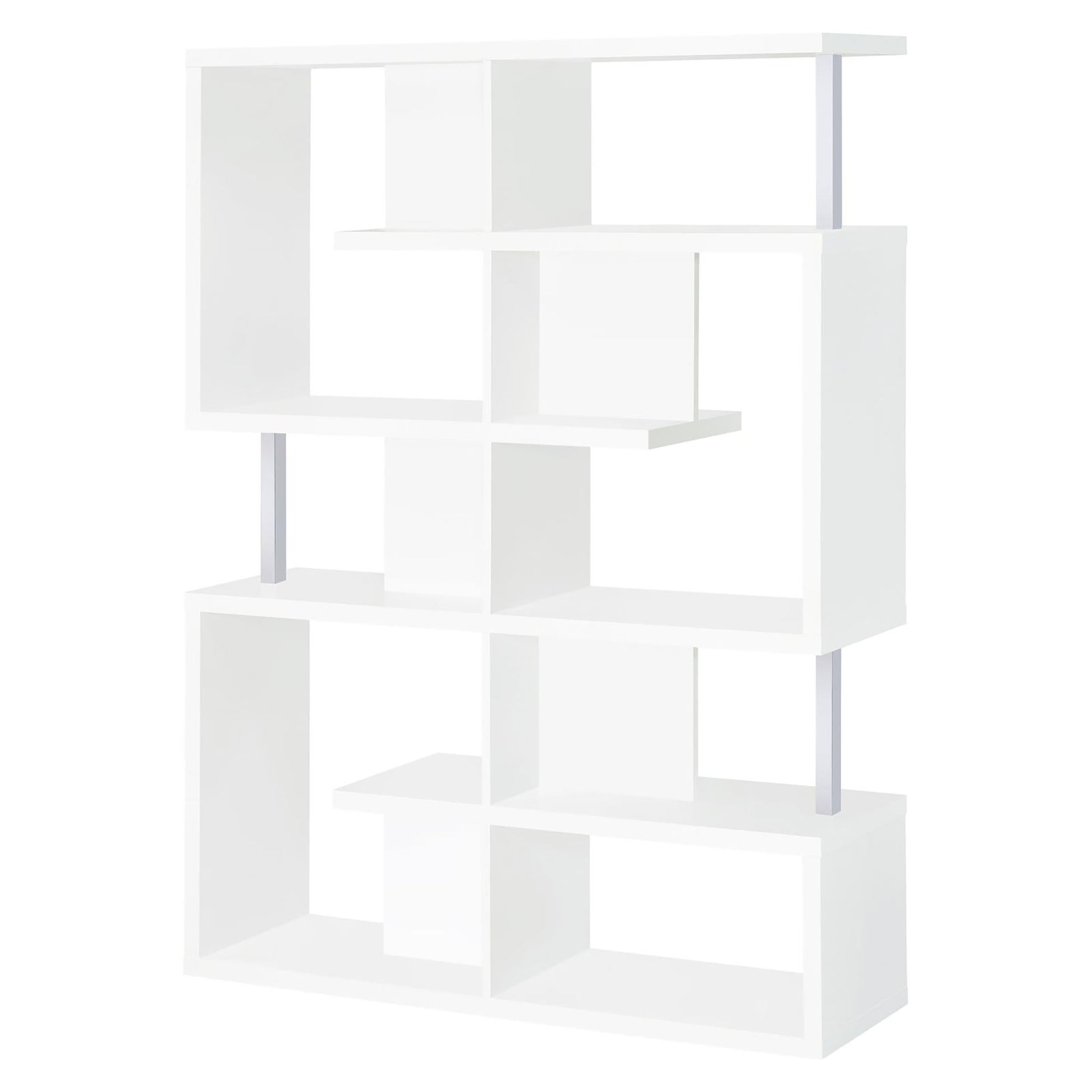Modern white bookshelf with asymmetric shelves