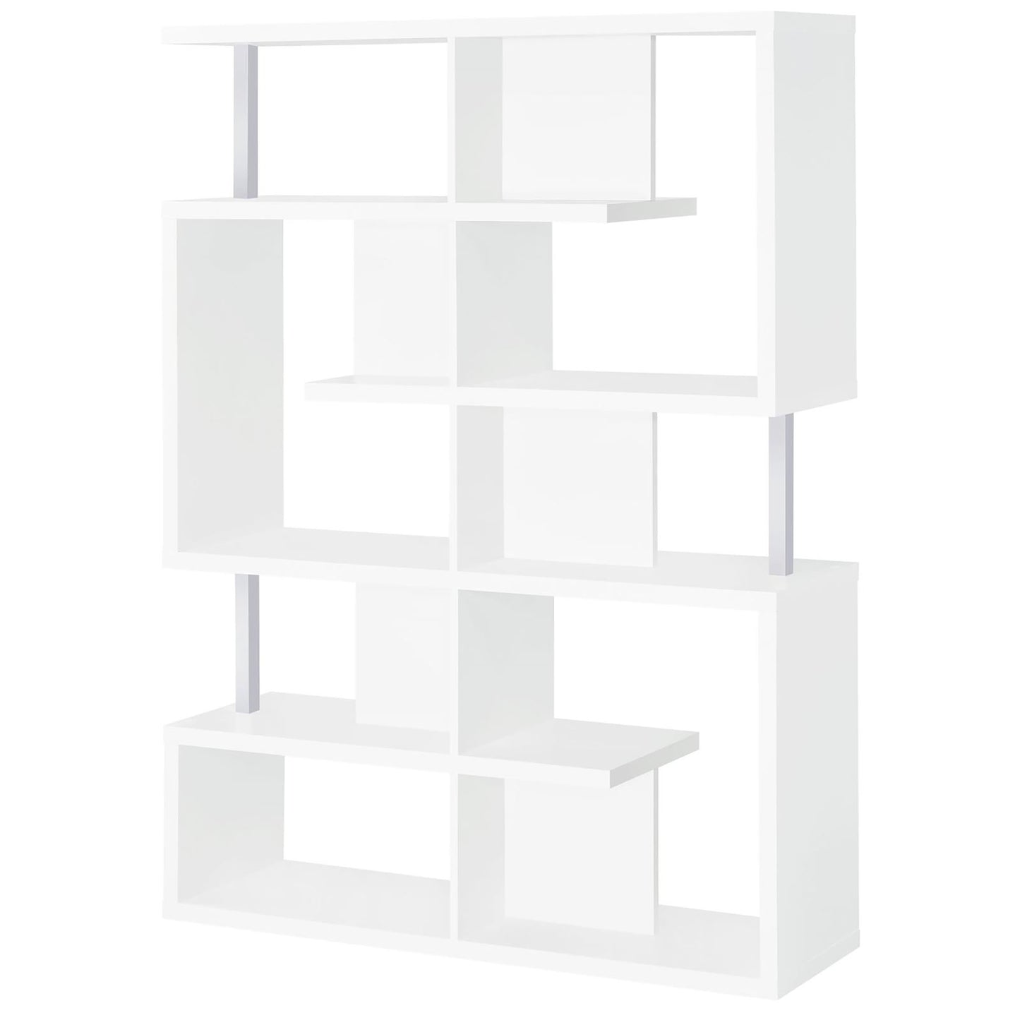 White modern bookshelf with geometric shelving and silver accents