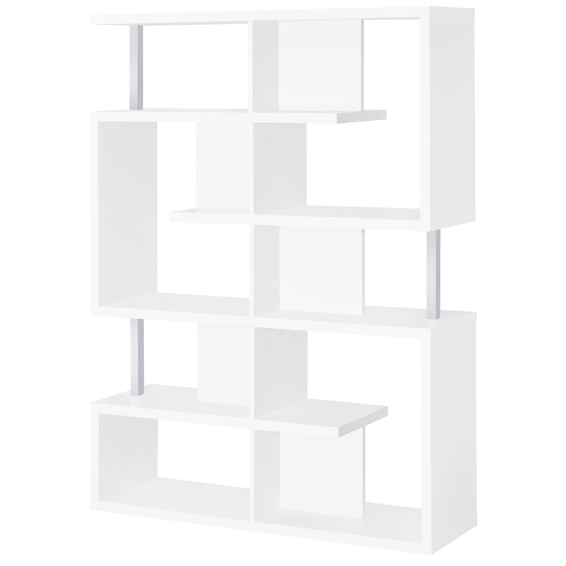 White modern bookshelf with geometric shelving and silver accents