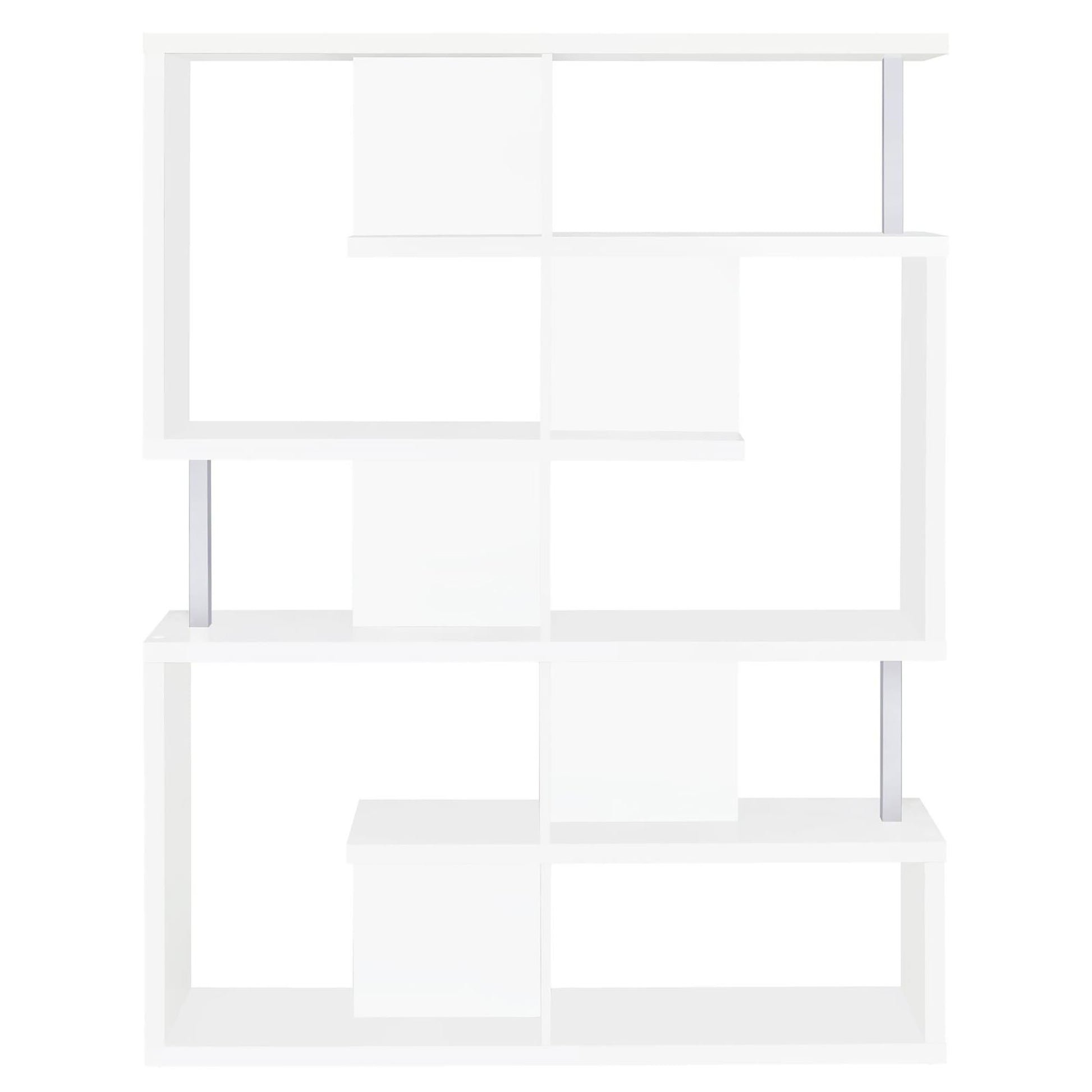 White modern bookcase with open geometric shelving and silver vertical supports