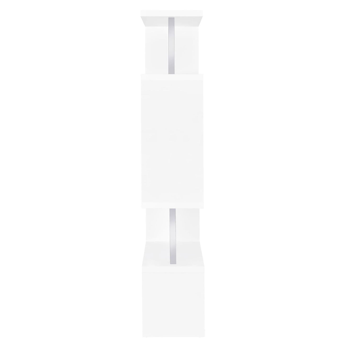 Modern white bookshelf with open shelves and a vertical silver accent