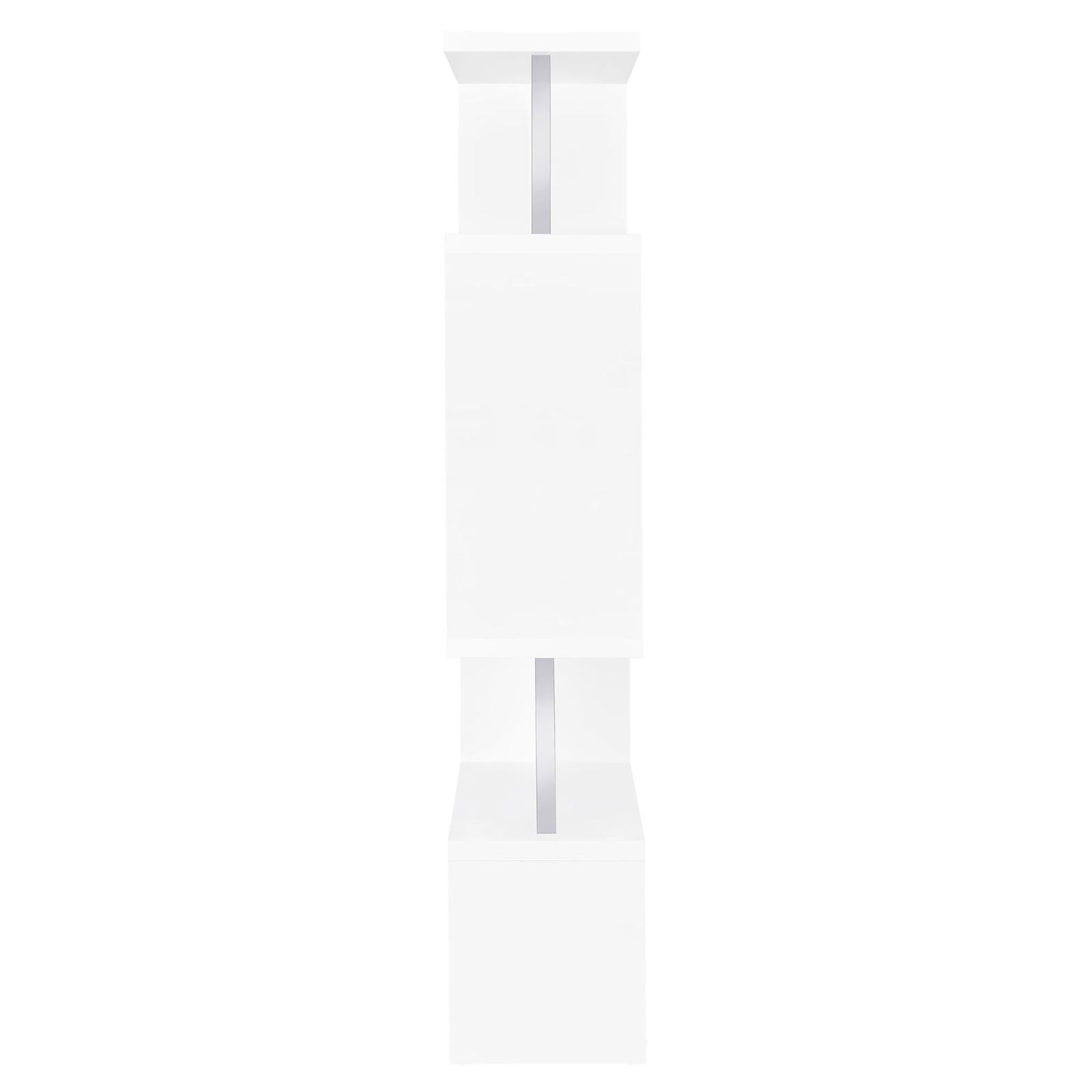 Modern white bookshelf with open shelves and a vertical silver accent