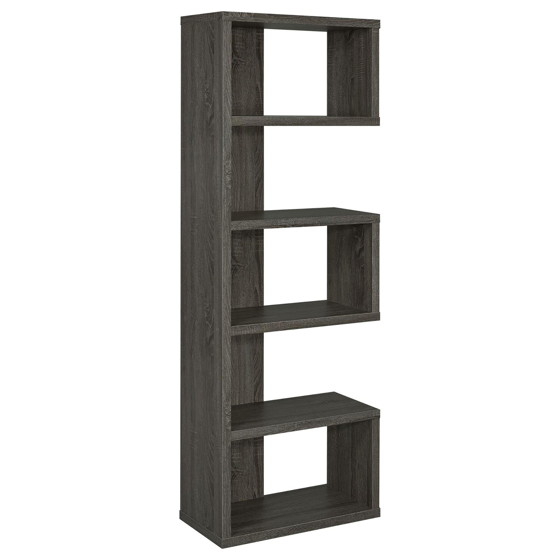 Tall dark gray wood bookshelf with staggered open cube shelves