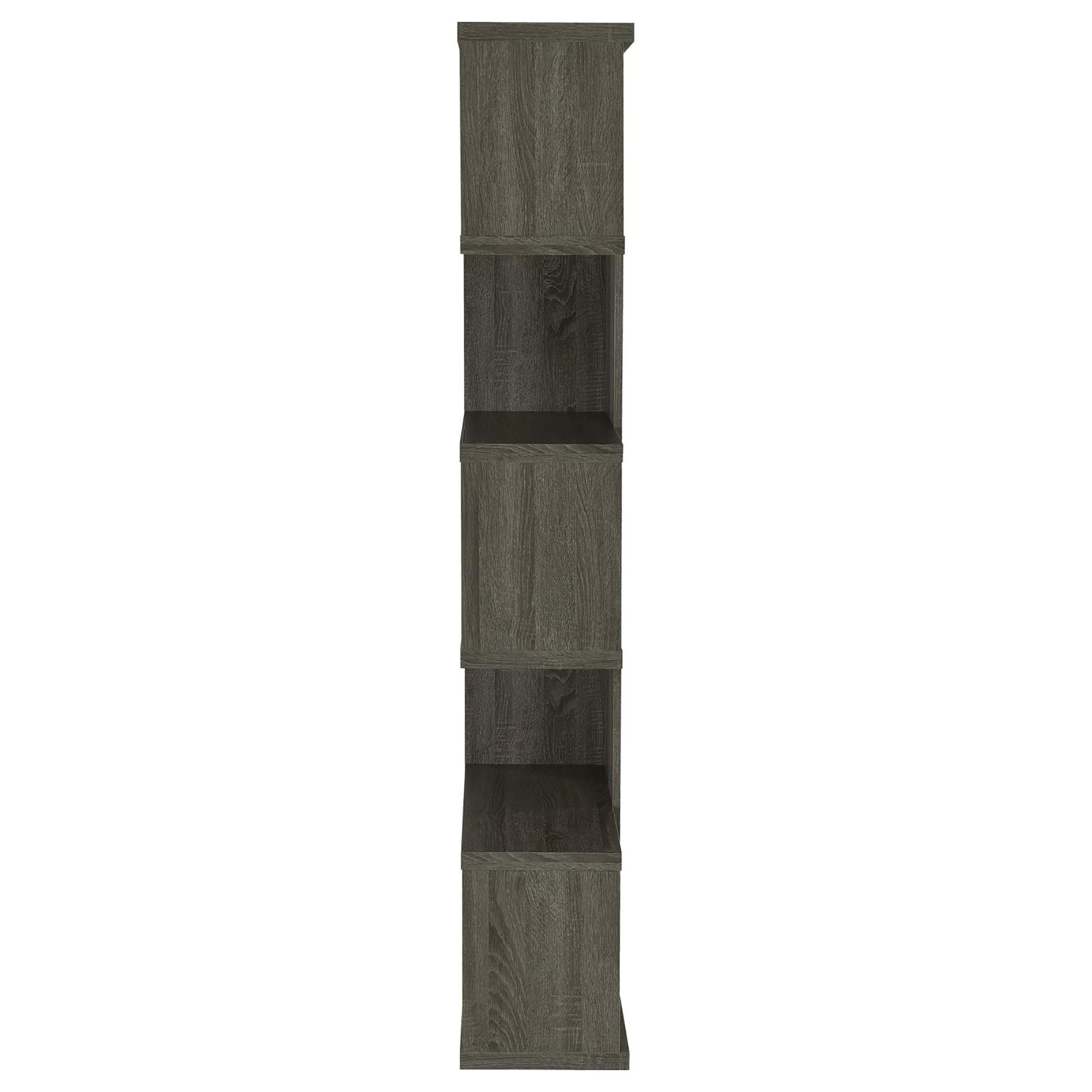 Tall gray wood bookcase with five open shelves