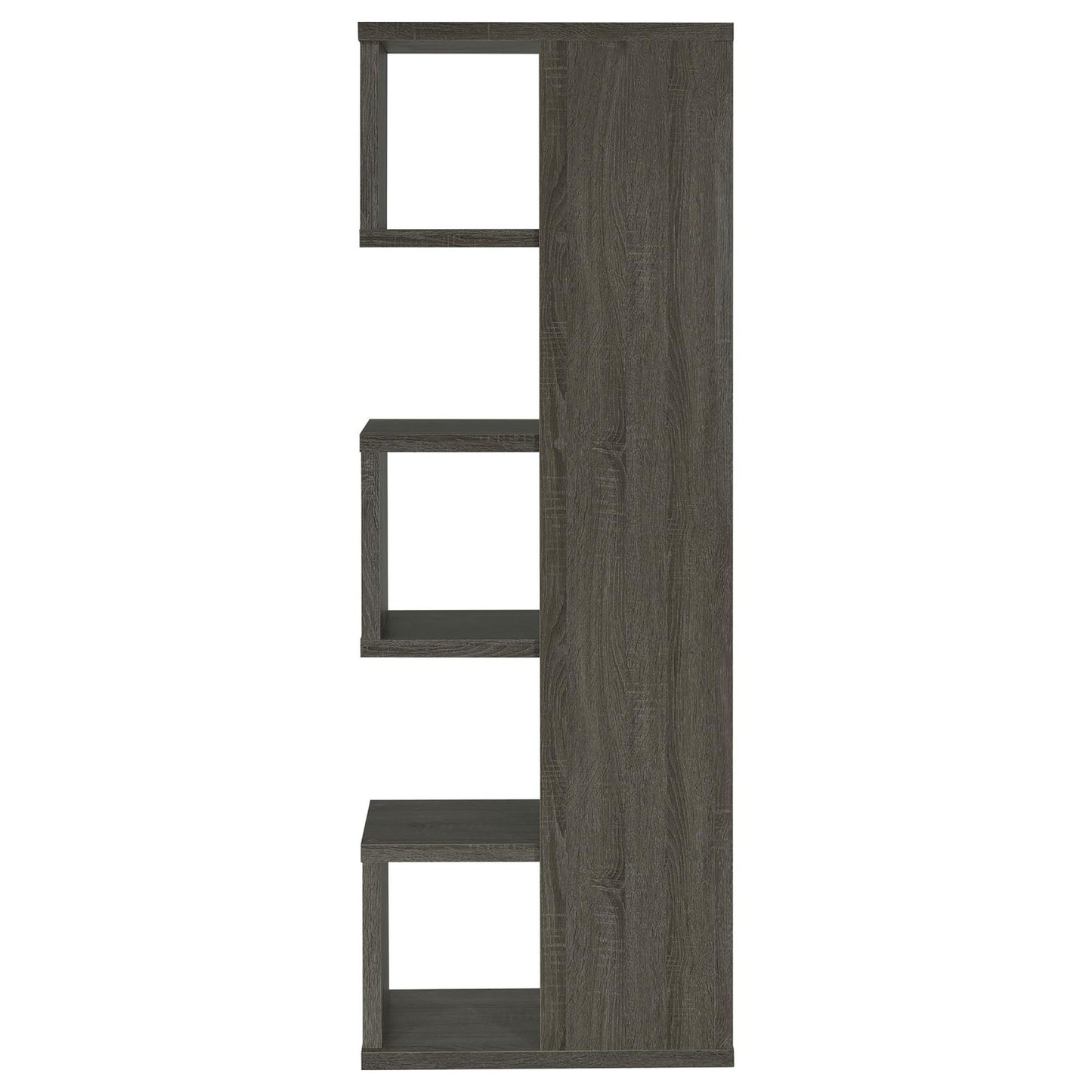 Dark gray wooden modular shelf unit with staggered openings for storage