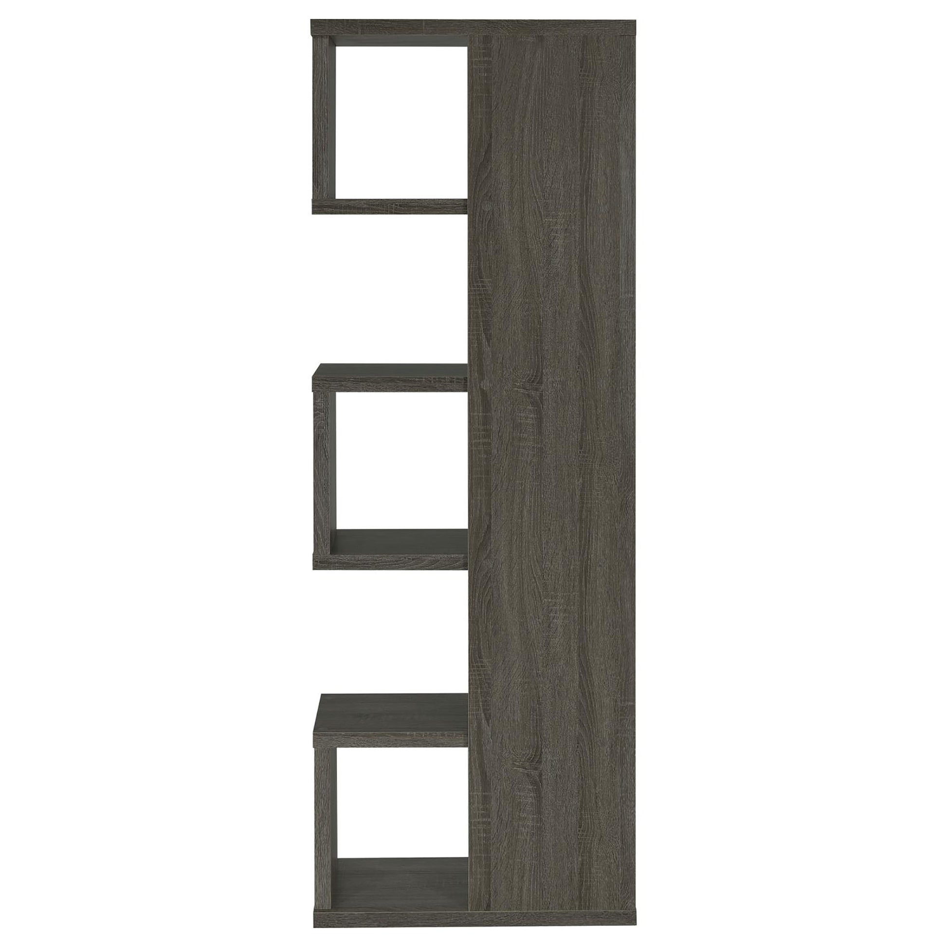 Dark gray wooden modular shelf unit with staggered openings for storage
