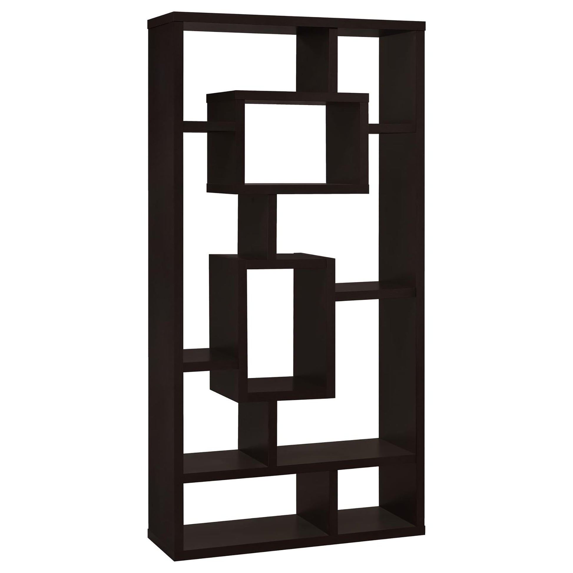 Dark brown geometric bookshelf with open shelving