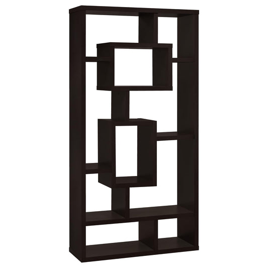 Dark brown geometric bookshelf with open shelving