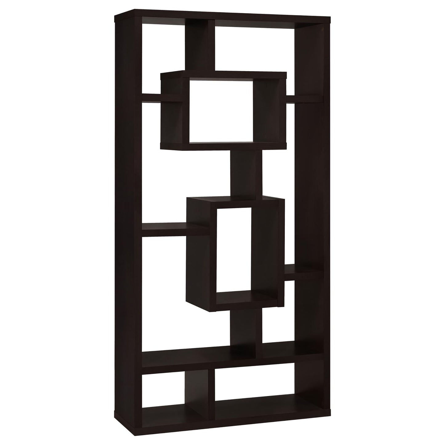 Dark brown geometric bookshelf with open cubby storage