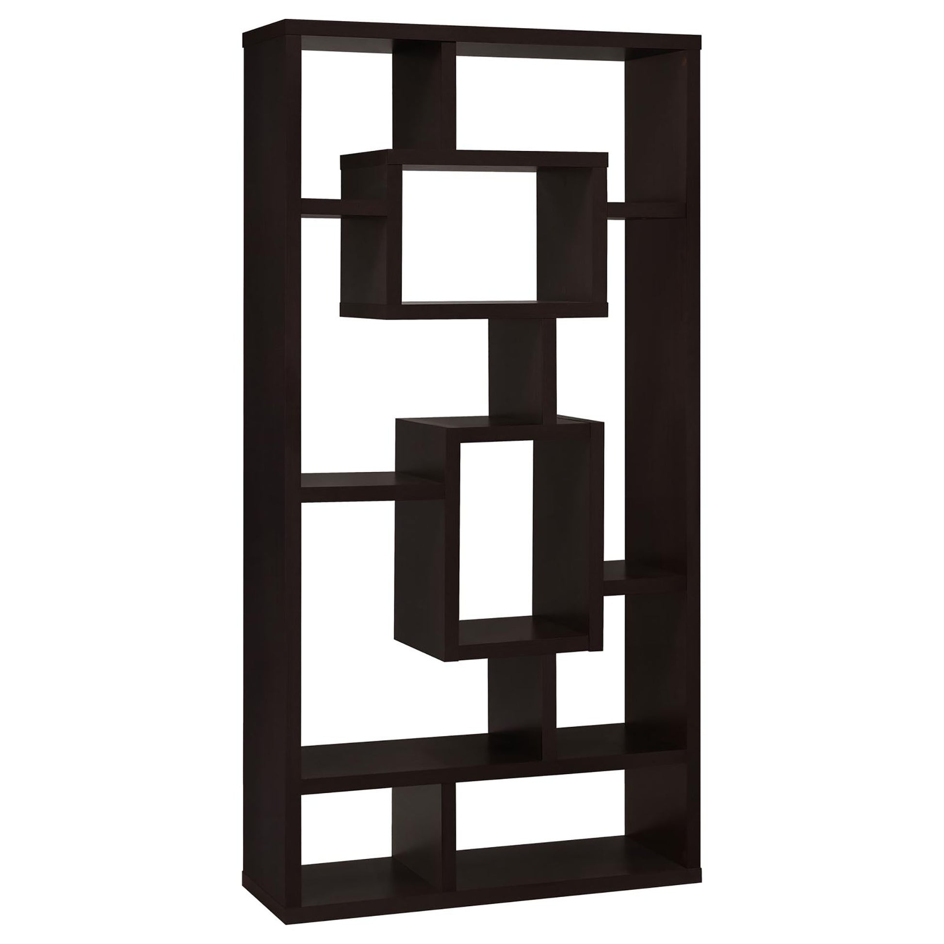 Dark brown geometric bookshelf with open cubby storage