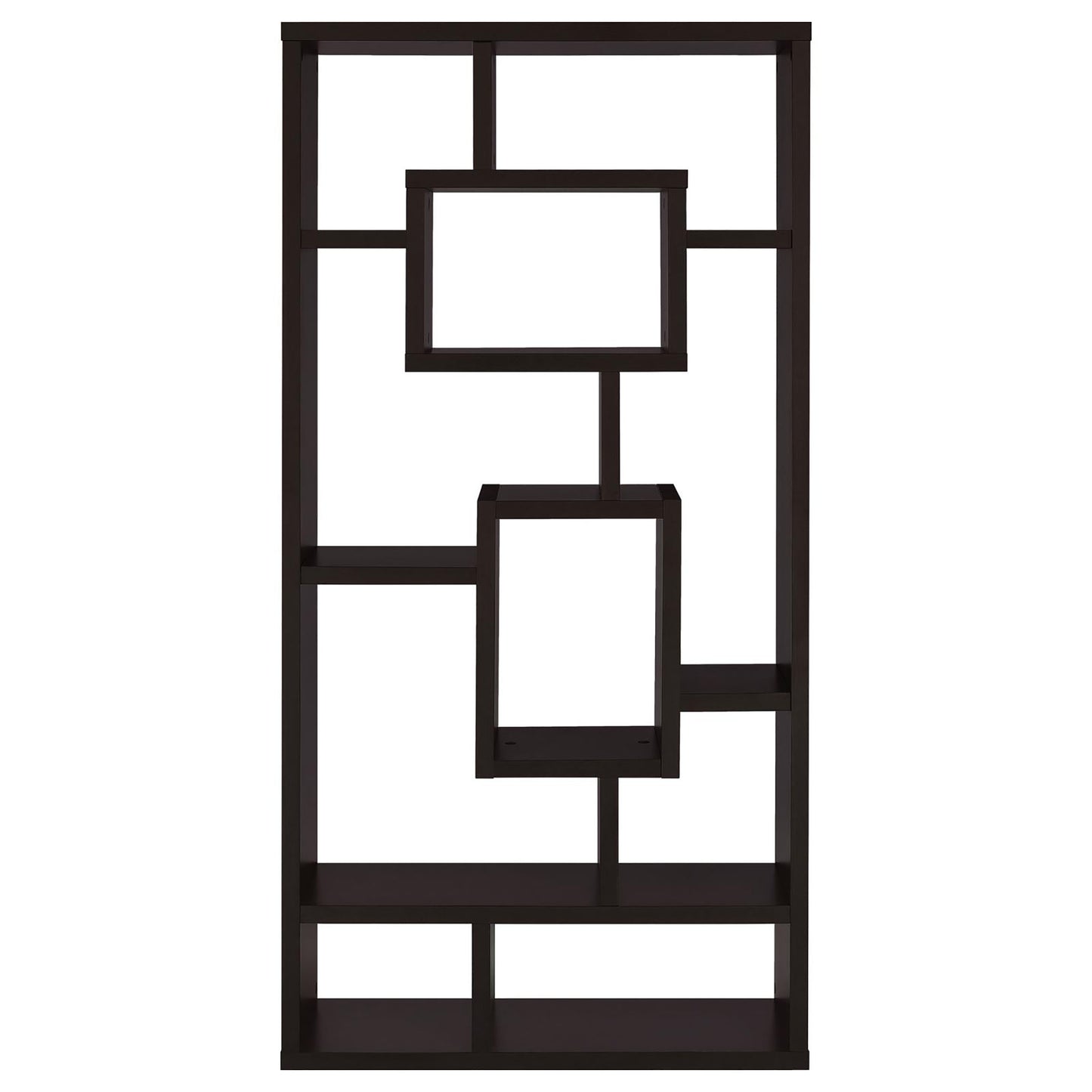 Dark brown wood geometric bookshelf with open shelving