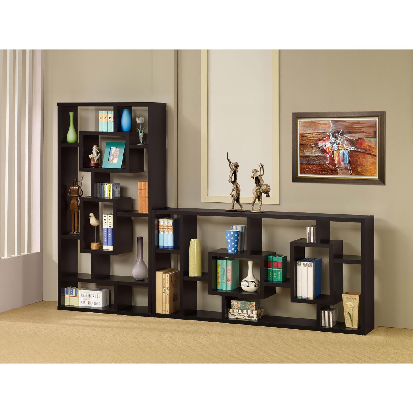 Dark brown modern geometric bookshelf with art and decor