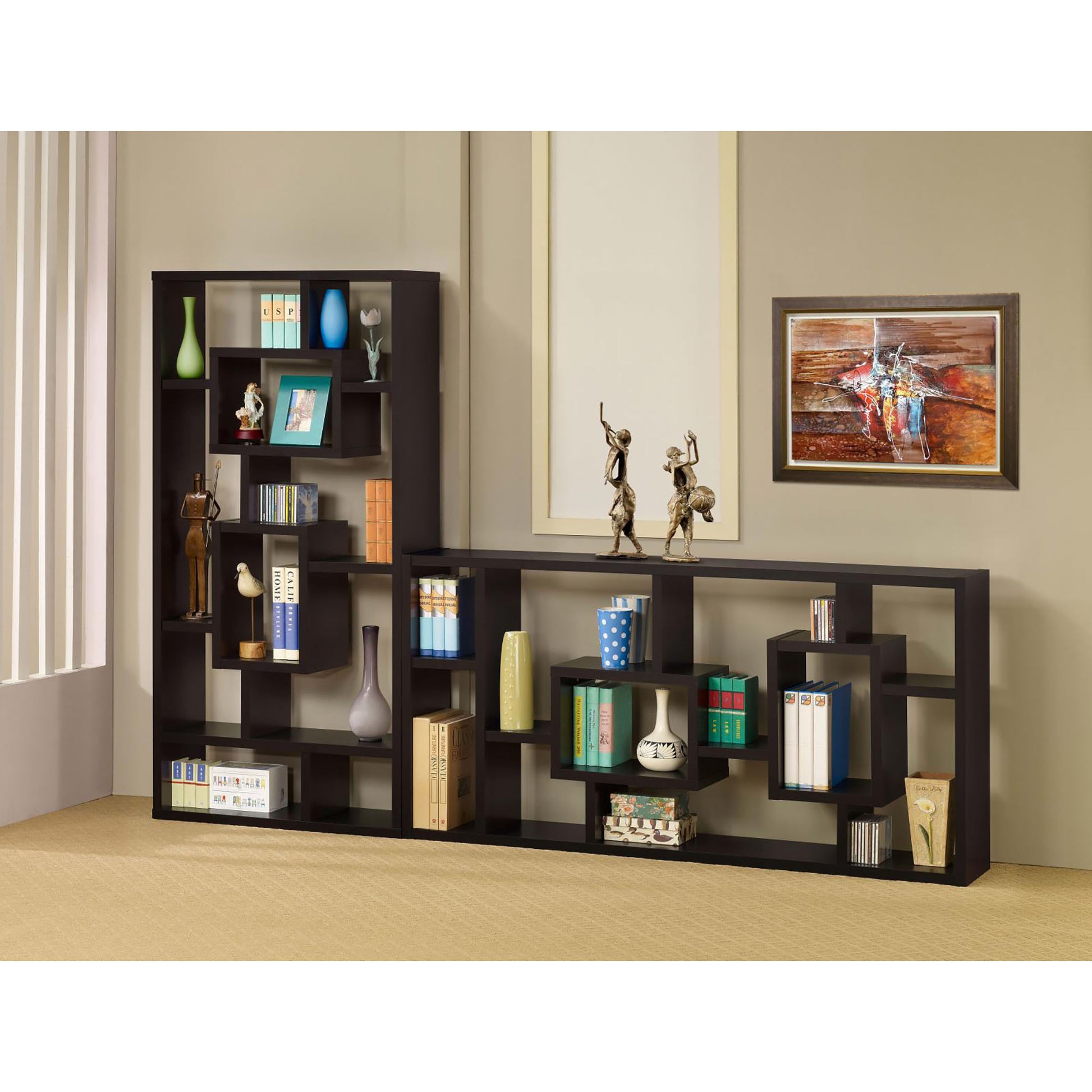 Dark brown modern geometric bookshelf with art and decor