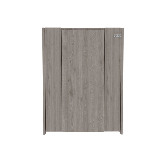 Modern grey woodgrain cabinet with three flush doors and brushed metal hinges