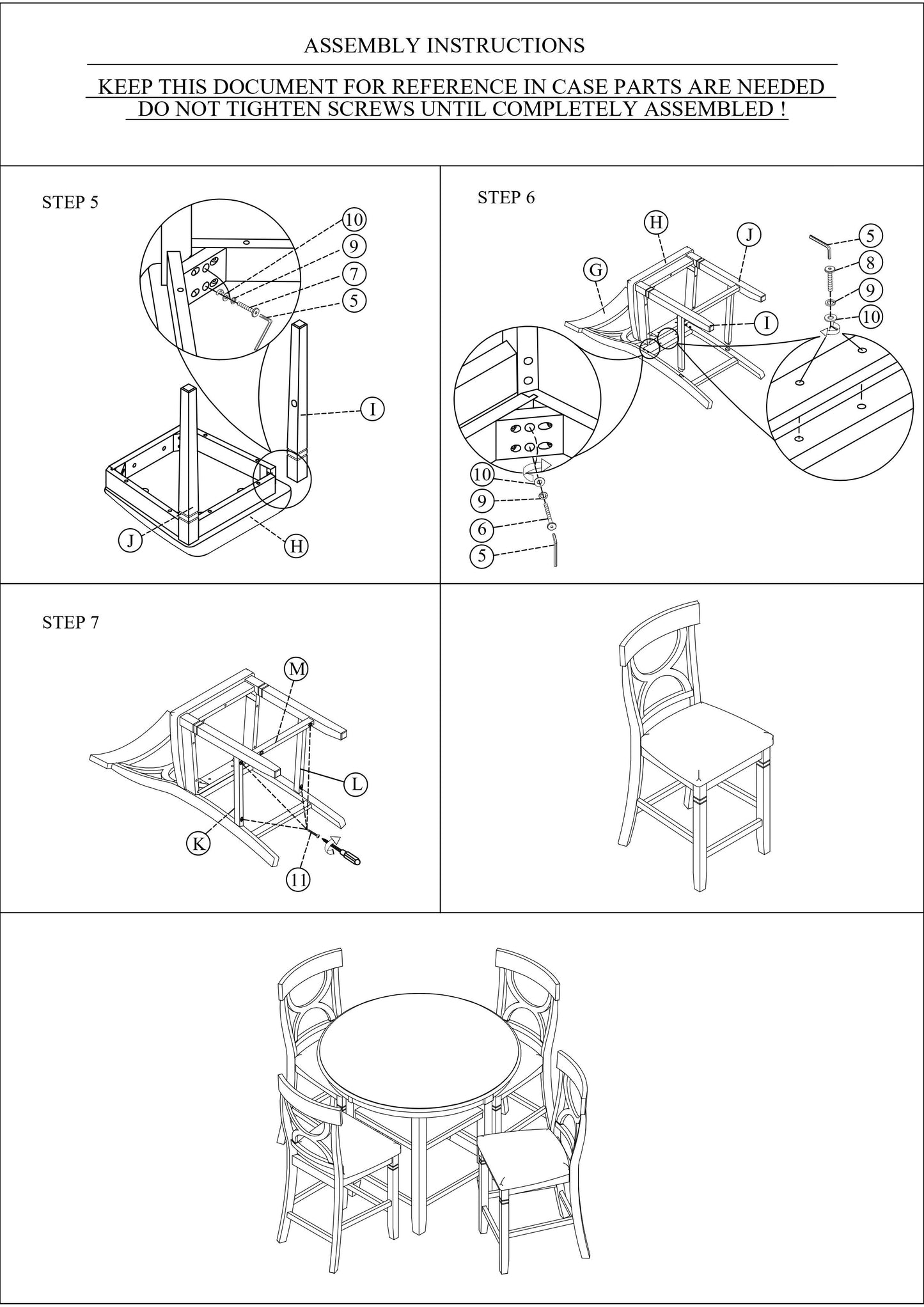 Assembly diagram step  shows attaching base of dining chair using screws