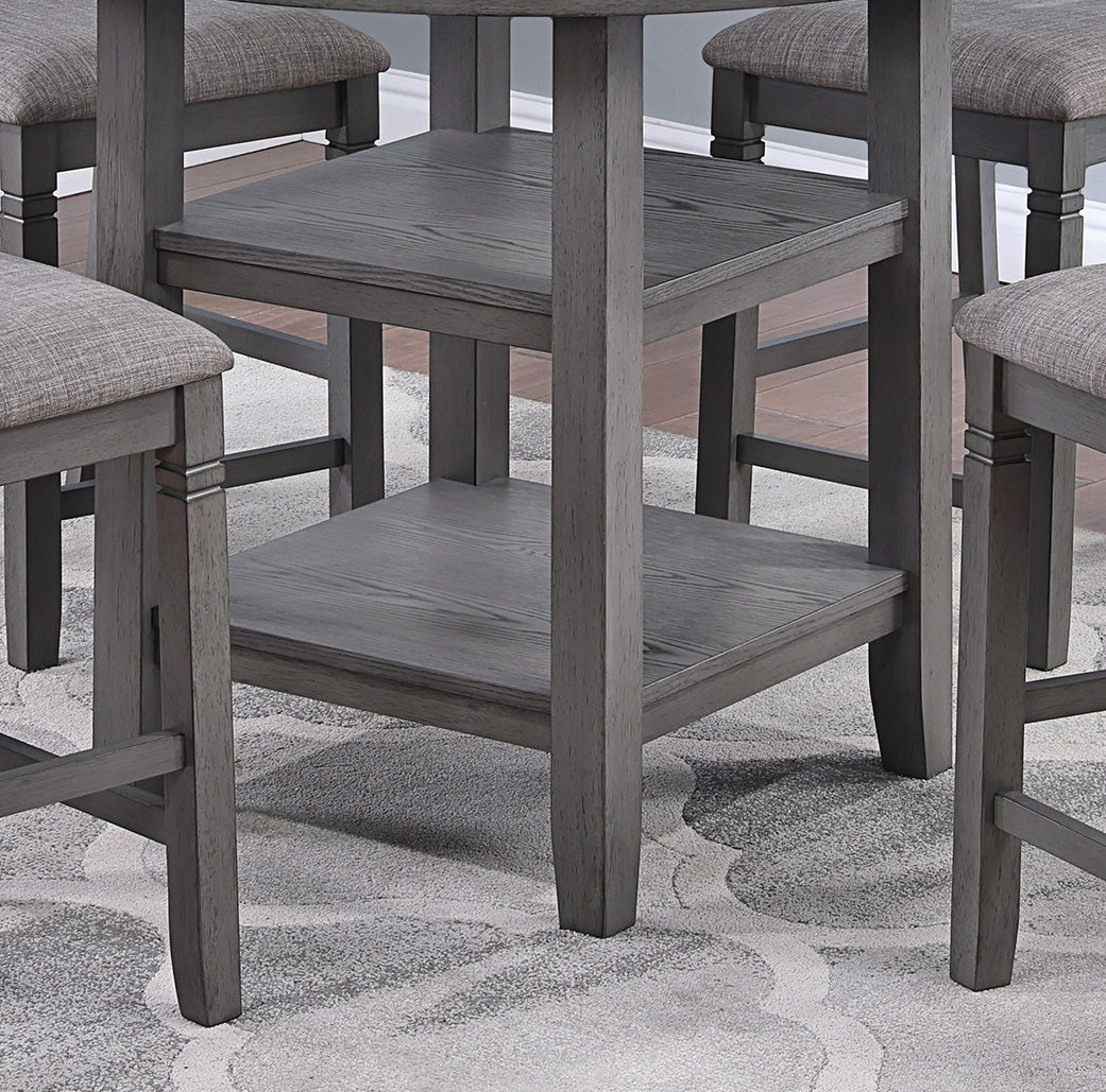 Gray wood counter height table base with two shelves