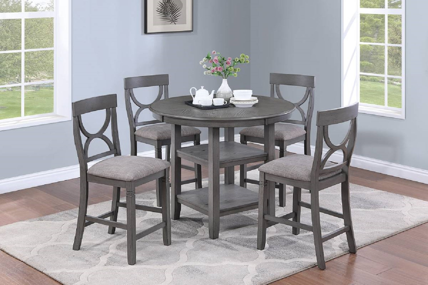 Gray counter height dining set with round table and four chairs