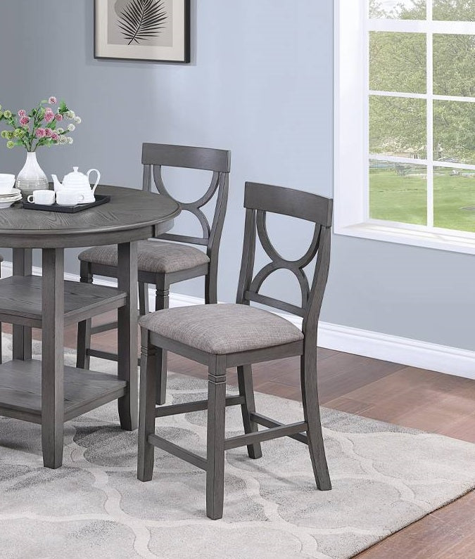Gray upholstered counter stool with ornate backrest