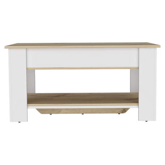 Modern white and oak coffee table with open shelving and a clean design