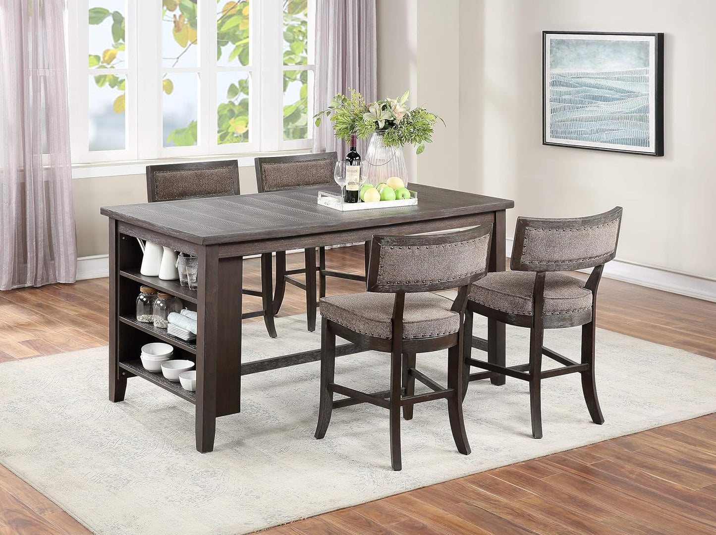 Dark wood counter height dining set with four upholstered stools