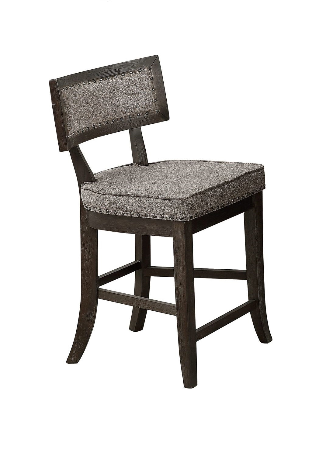 Upholstered counter stool with dark wood frame and nailhead trim