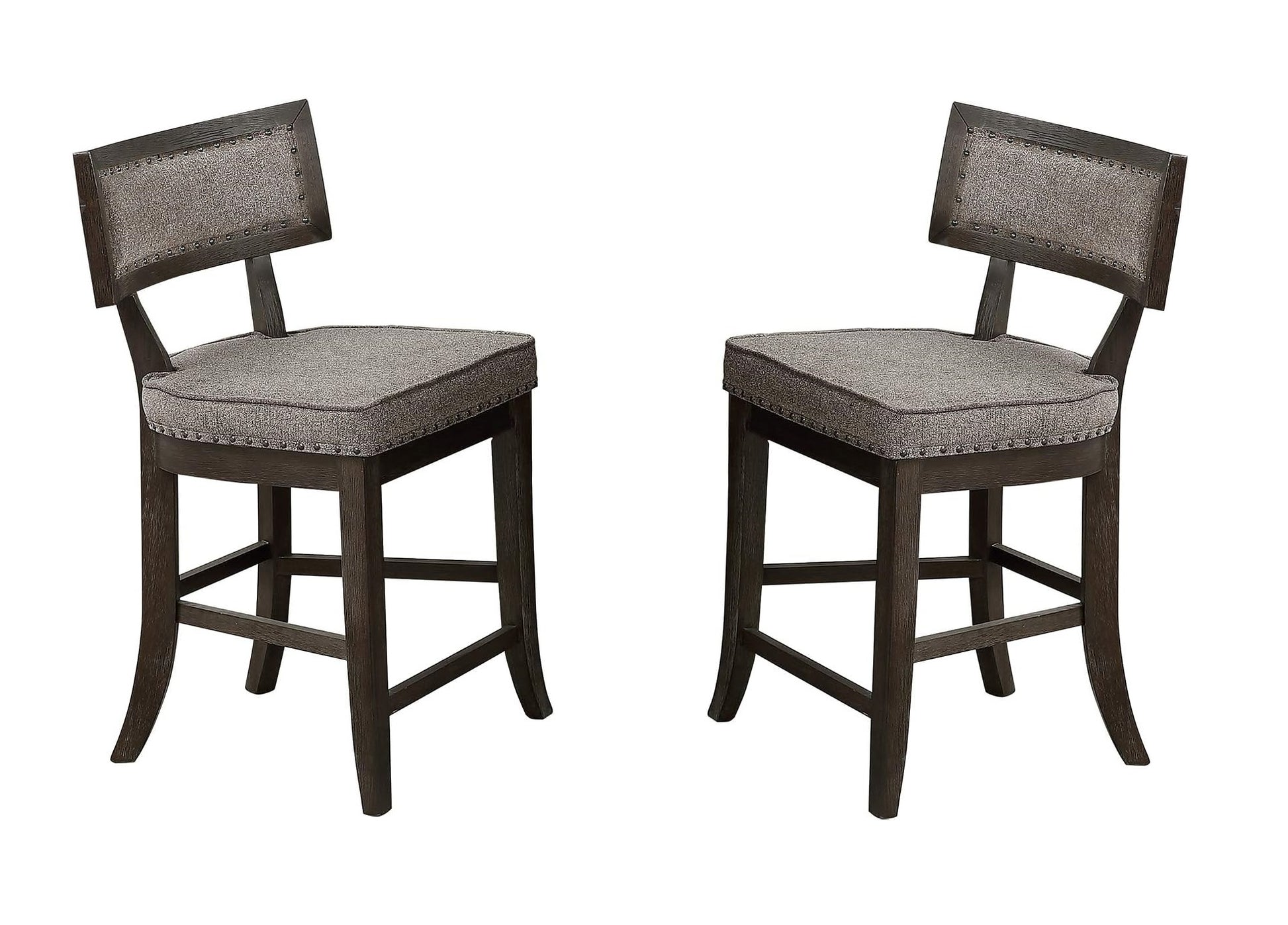 Two dark oak upholstered bar stools with studded trim