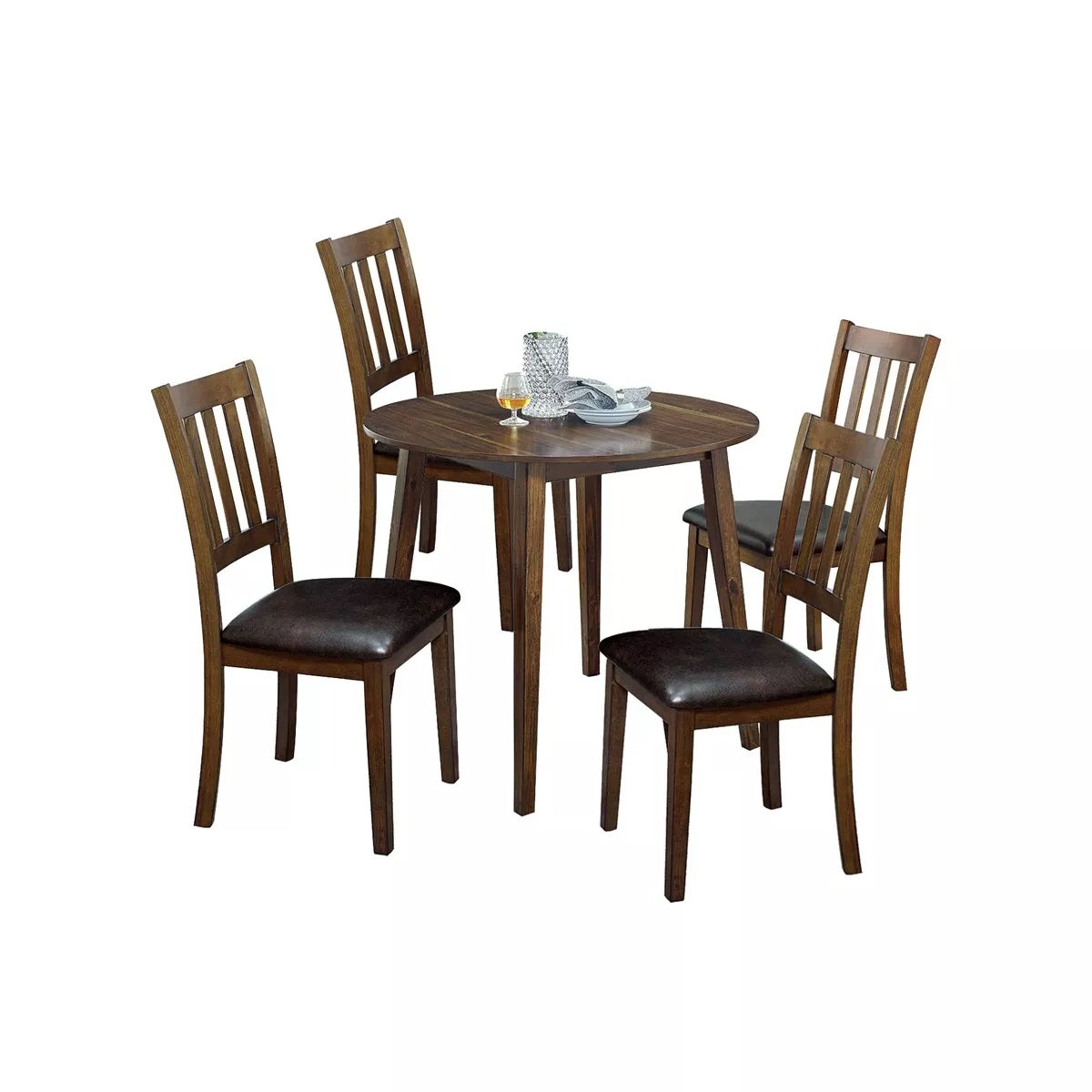 Round dining table set with four wooden chairs and upholstered seats