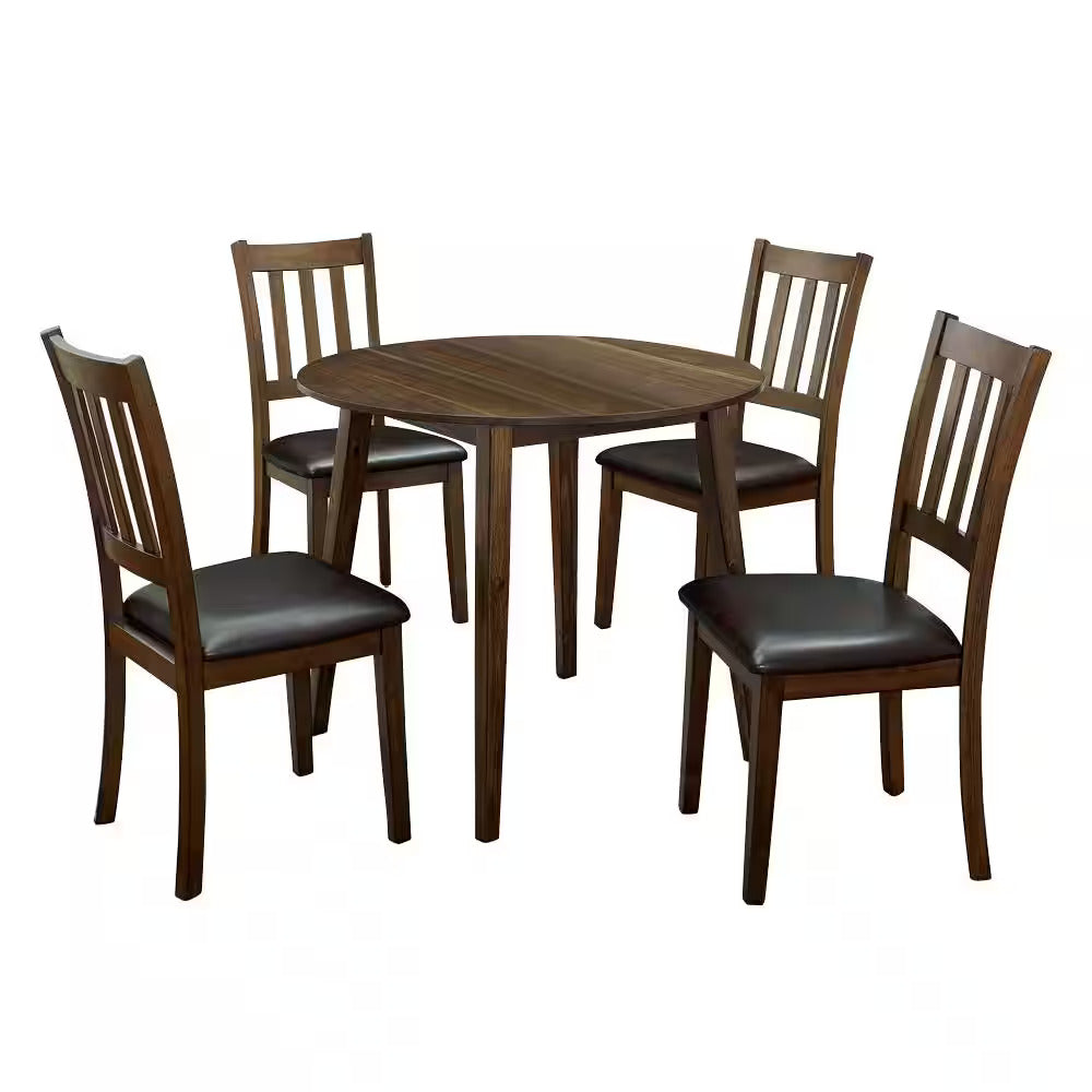 Dark wood round dining table and four chairs with padded seats