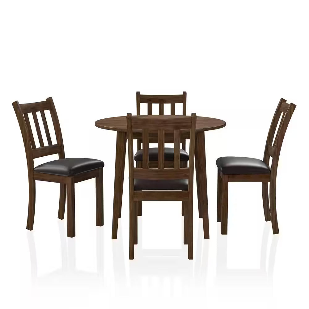 Dark wood dining set with four chairs and round table