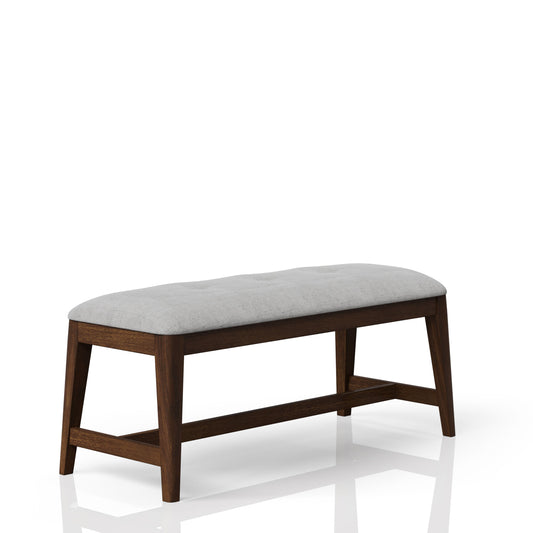 Tufted linen upholstered bench with dark wood legs