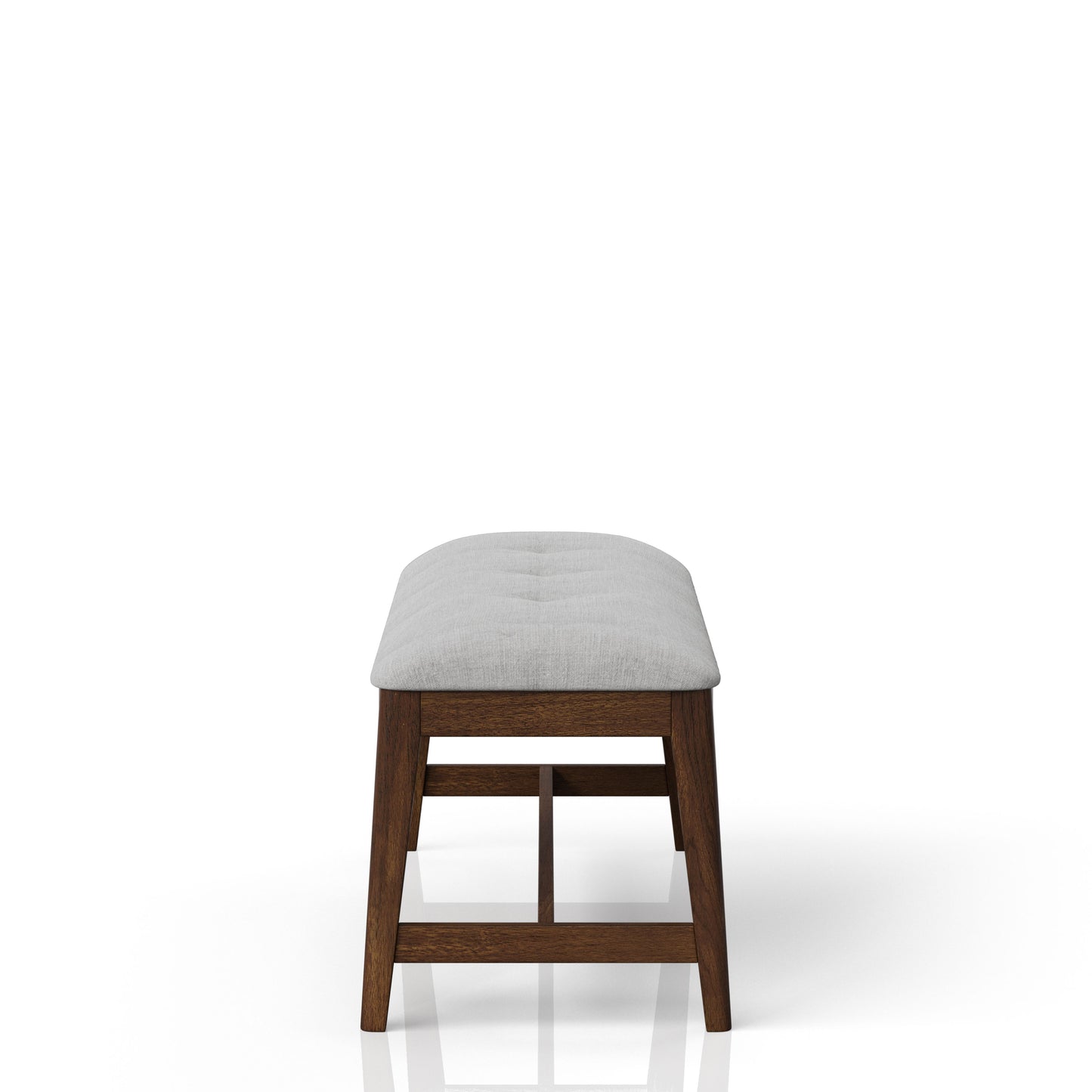 Tufted grey linen upholstered bench with dark wood legs
